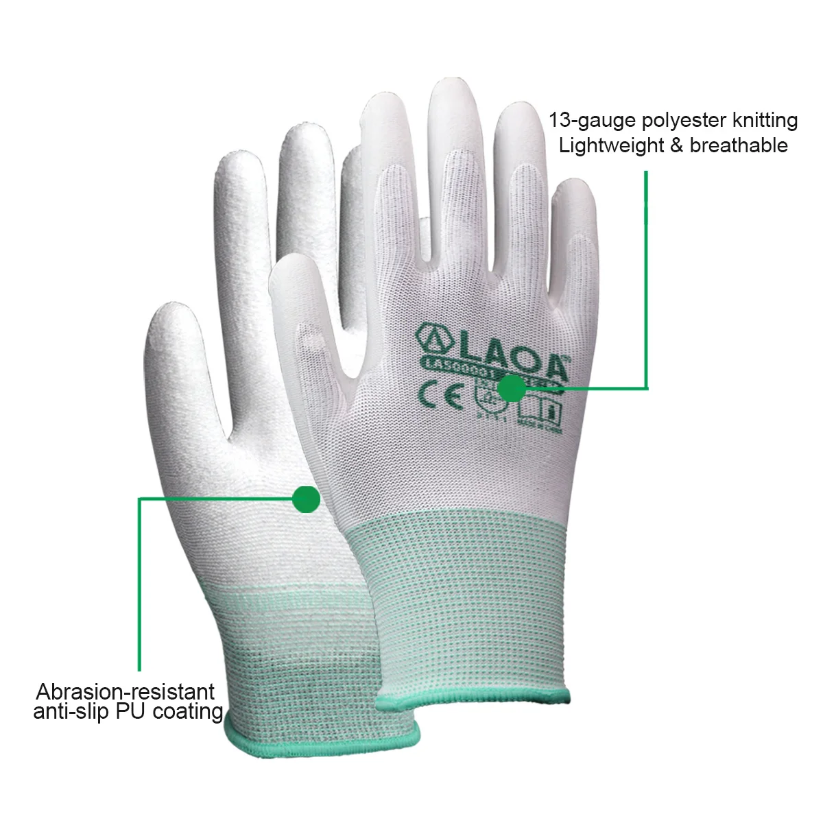 LAOA Labor Safety Gloves PU Palm Coating Non Slip Durable Ventilated Thin Electronic Factory Construction Protective Work Gloves