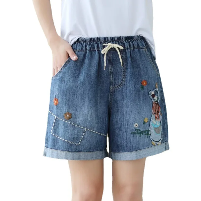 

Summer Fashion Women's Shorts Denim Pants Good Quality Elastic Waist Loose Casual Comfortable Ripped Vintage Embroidery Shorts