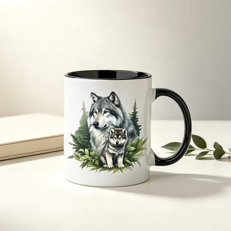 11 oz White Ceramic Wolf Coffee Mug - Realistic Wolf Family Forest Design - A Gift for Coffee Lovers