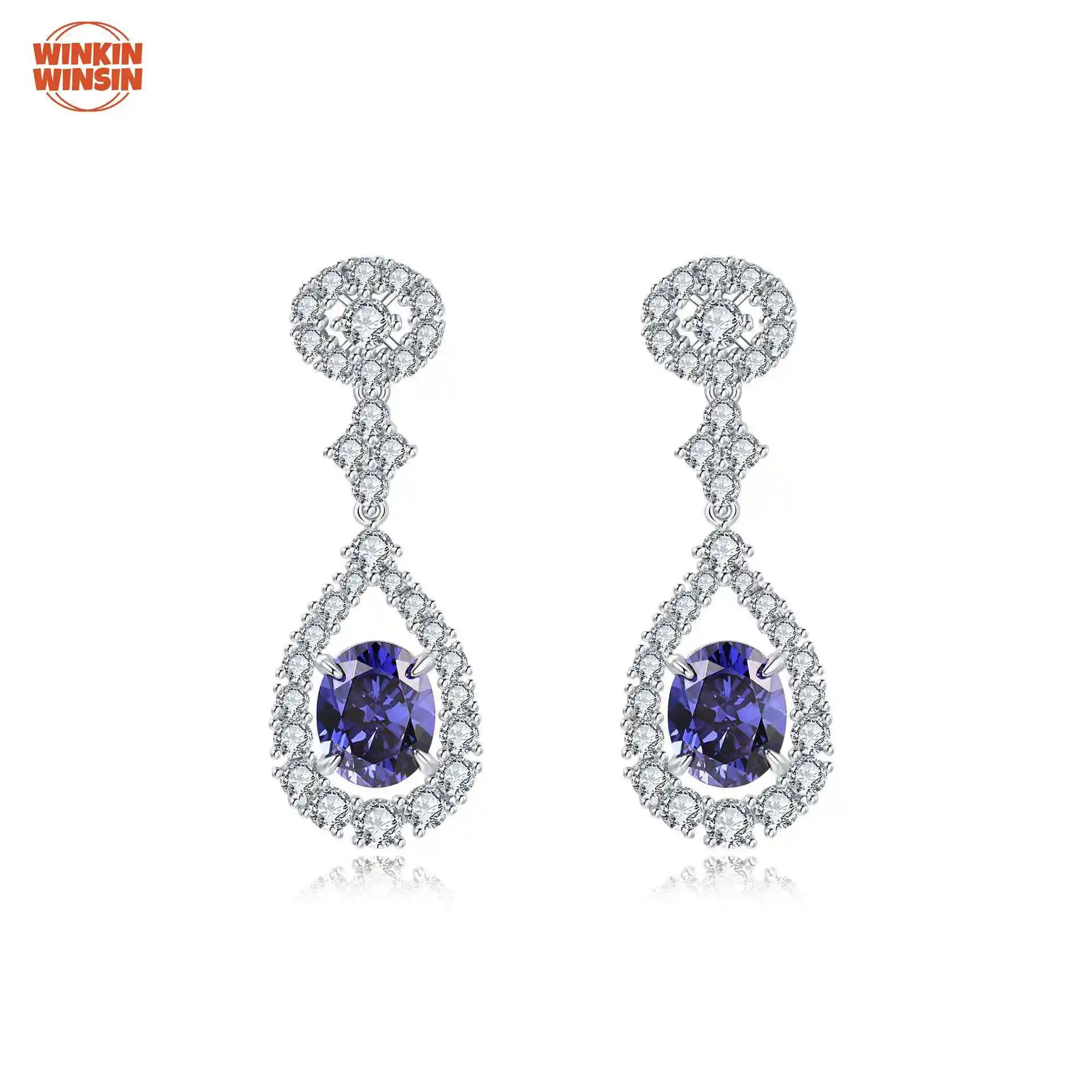 

Winkin Winsin 925 Silver 3.5 Carat Egg Shaped Tanzanite Earrings, Luxurious Full Diamond Jewelry for Women