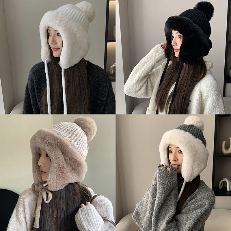 Fashion Lei Feng Hat For Women Autumn Winter Trapper Earflap Ski Cap Female Thick Warm Beanie Hat Fur Pompom Russain Hat