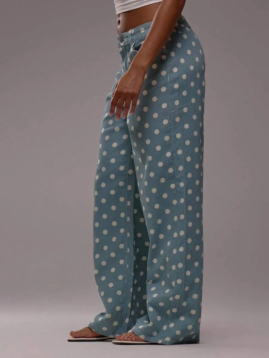 Barrel Jeans for Women Polka Dots Print High Waist Wide Leg Mom Jeans Vintage Boyfriend Denim Pants Streetwear
