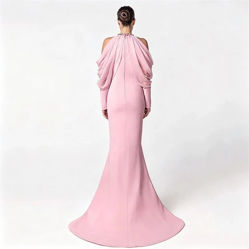 Pink Prom Dress Crystals Sexy Hollow High Neck Full Sleeves Mermaid Long Party Gown Autumn Formal Wedding Birthday Evening Robe