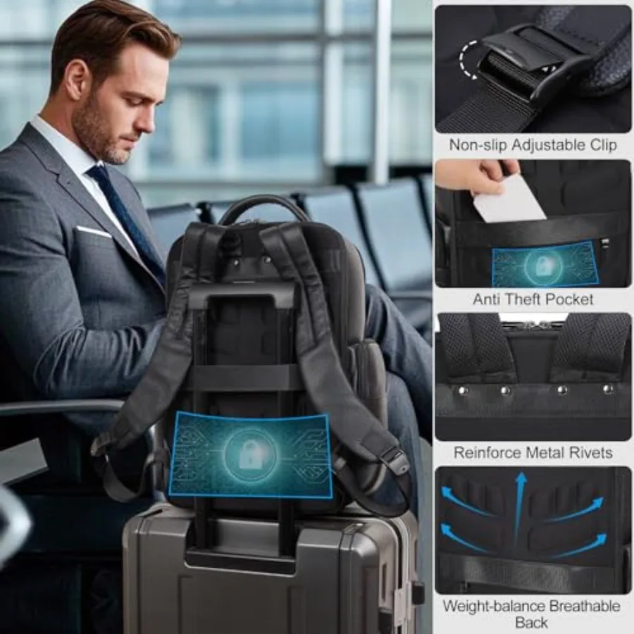 حقيبة ظهر للكمبيوتر المحمول للسفر من الجلد الأسود من Masa Kawa للرجال تناسب 15.6 بوصة 16 بوصة حقيبة كمبيوتر مكتبية للتنقل والتنقل التنفيذي وات