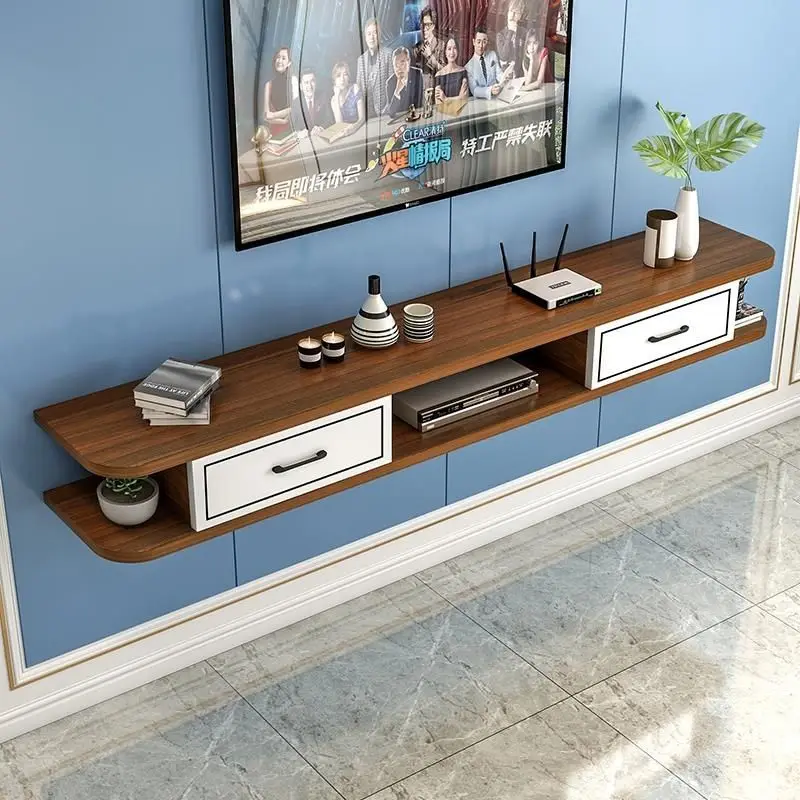 

Solid wood wall-mounted TV cabinet light luxury bedroom living room suspension cabinet small apartment arc storage cabinet new