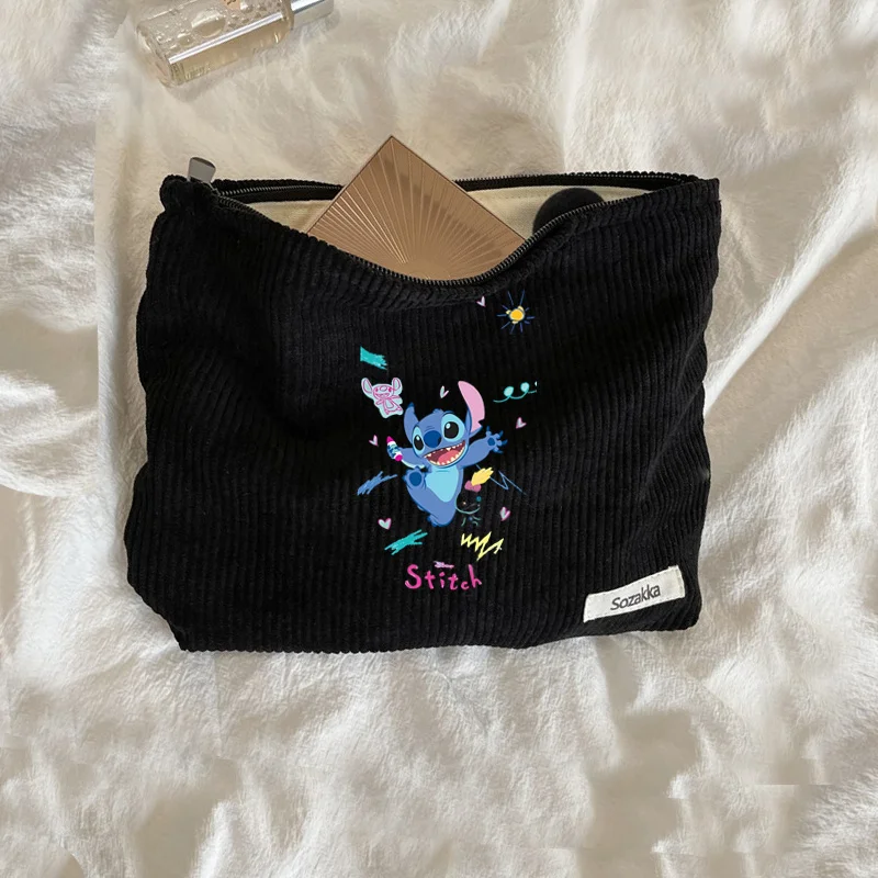 Bolsa de maquillaje de dibujos animados de Disney Lilo & Stitch para mujer, bolsas de cosméticos de viaje, estuche de maquillaje de pana para mujer, bolsa informal, bolsa de cosméticos para mujer