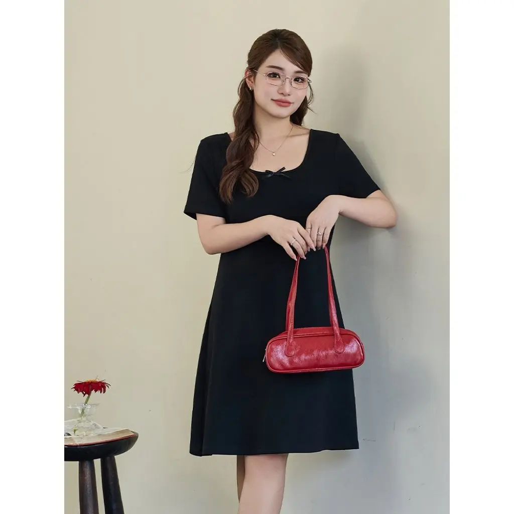 Женское темпераментное платье во французском стиле с квадратным воротником и полым бантом, юбка для похудения больших размеров для полных девочек