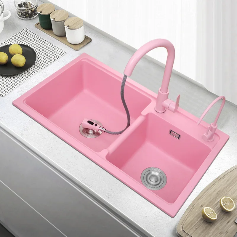 

Girl Pink Kitchen Vegetable Basin Quartz Sink Granite Household Scullery Double Slot Table Drop-in Sink Large