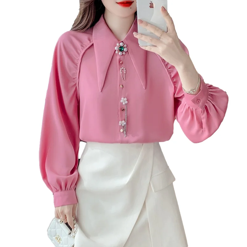 Korean Chic women Shirts Spring Retro Palace Style Blouses Pointed Collar Puff Sleeve Pearl Button Loose Blusas