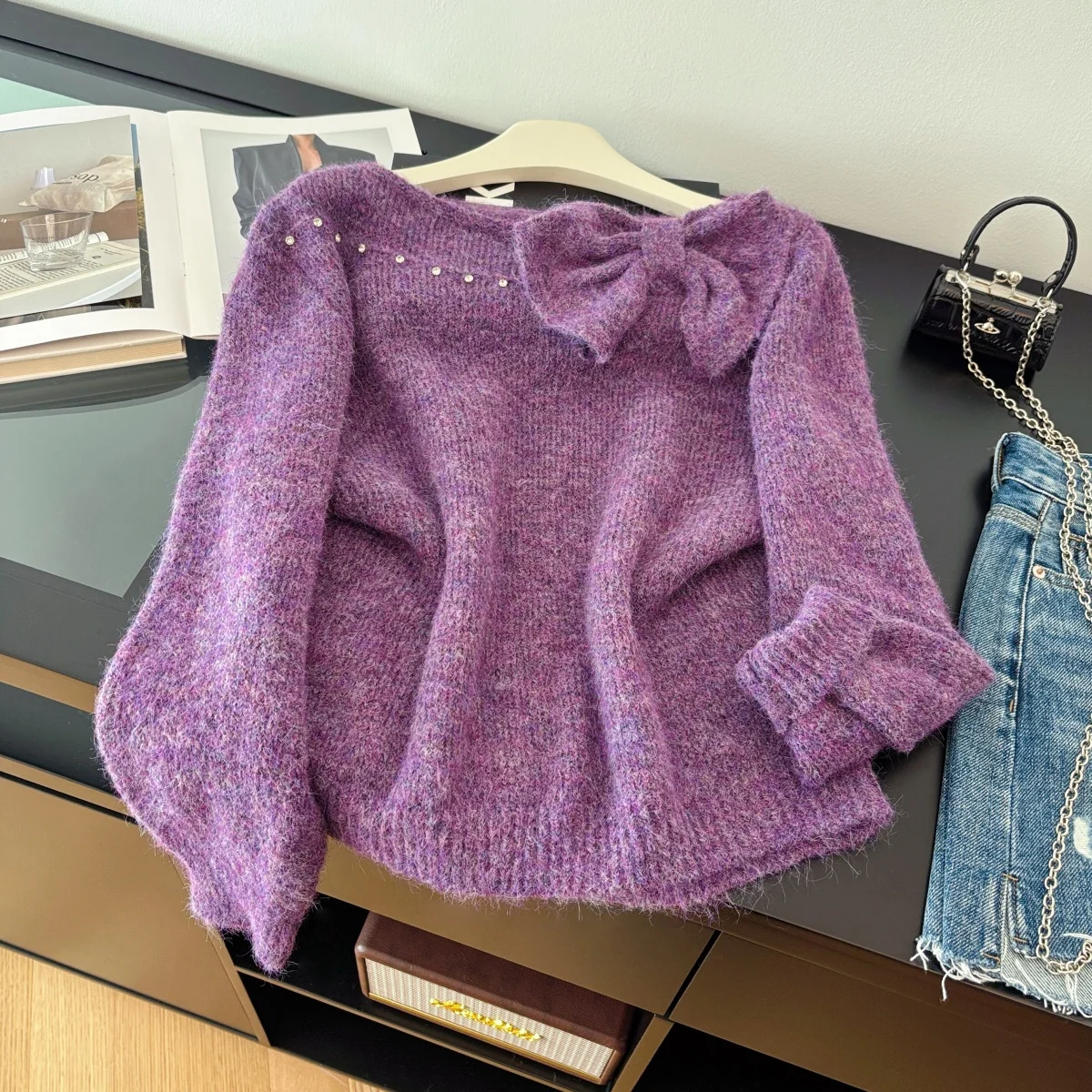 

Women's Purple O-Neck Pullover Sweater Vintage Jumper Knit Long Sleeves Bow Luxury Cashmere Sweater Autumn Winter 2000s Clothes