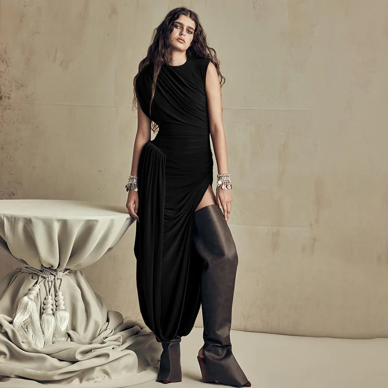 SKMY Women Clothing Solid Color Round Neck Sleeveless High Waist Pleated Backless Elegant Evening Party Long Dresses Clubwear