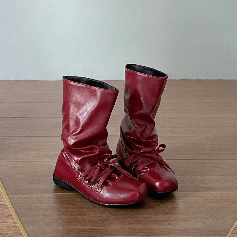 

Retro Women's Boots New Fashion Patent Leather Slouch Boots Luxury Flat Bottom Casual Shoes for Woman Designer Boots Botas Mujer