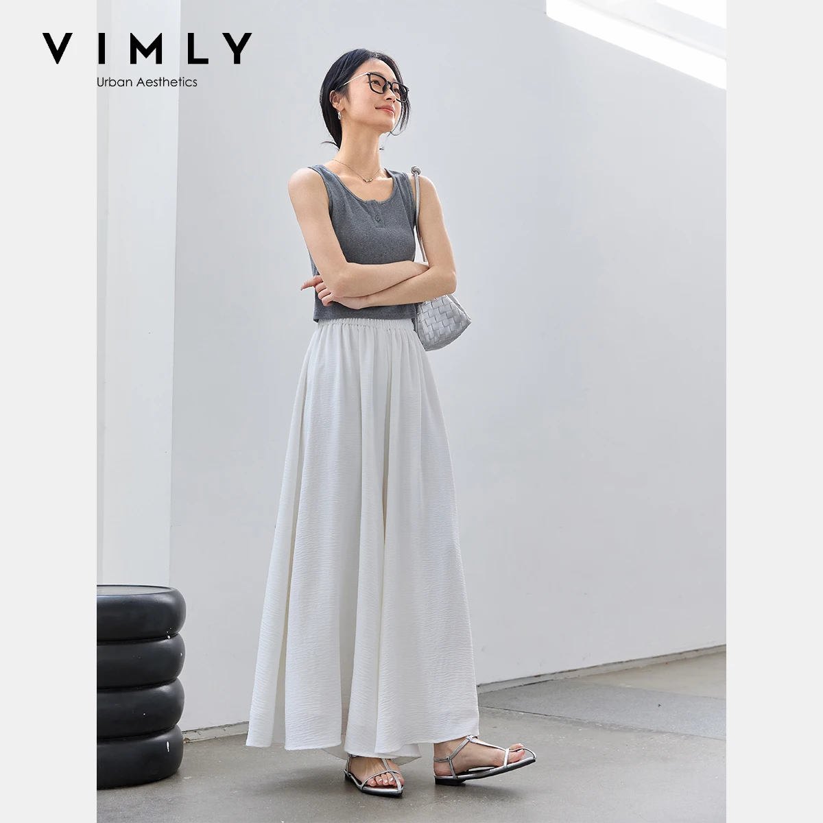 

VIMLY White Pants Women Casual Wide Leg Baggy Ladies Pants 2025 Summer Elastic Waist High Waist Trouser Female Clothes A0362