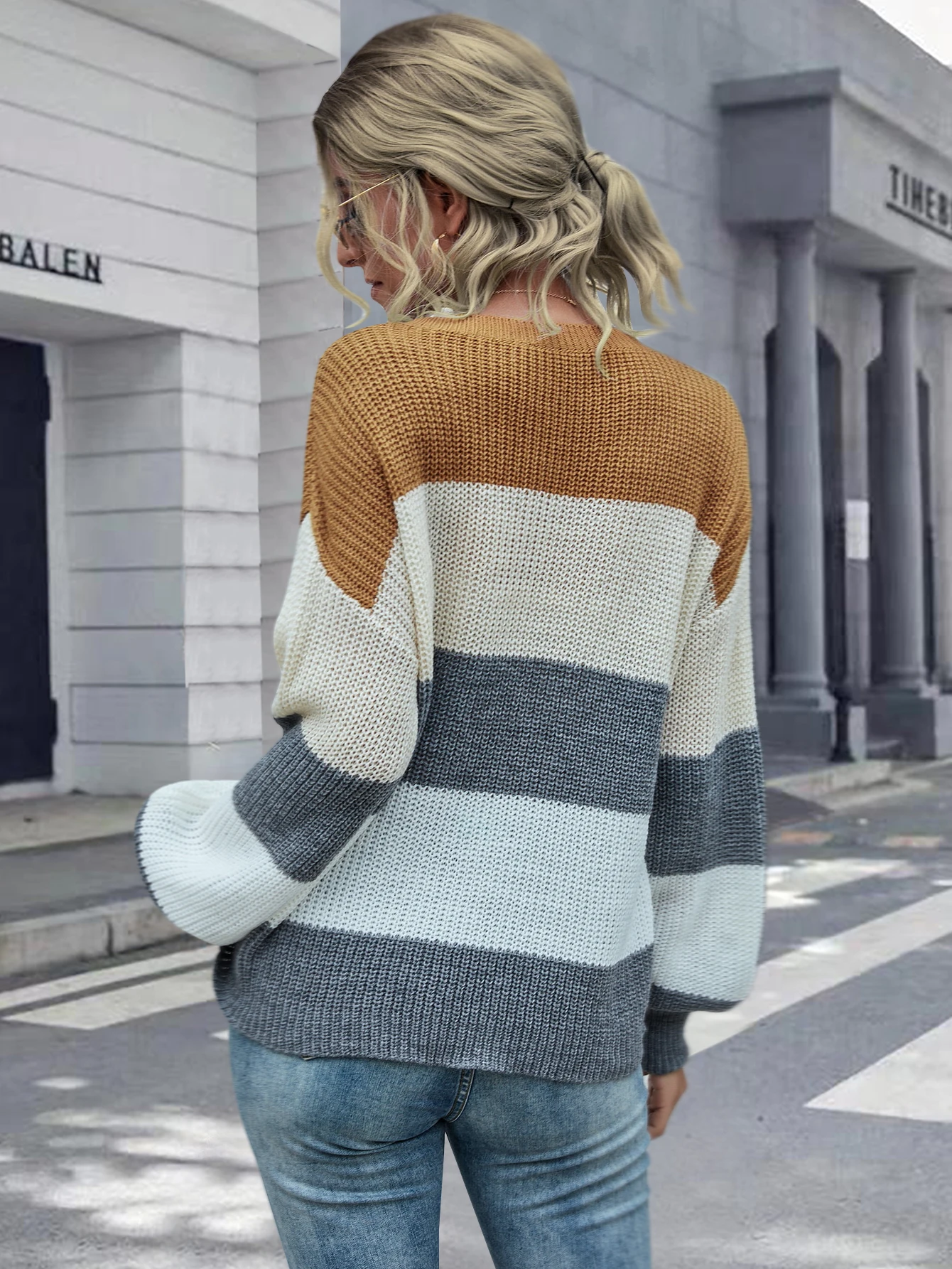 Contrast color V-neck striped long-sleeved sweater female autumn and winter loose pullover blouse bottom shirt