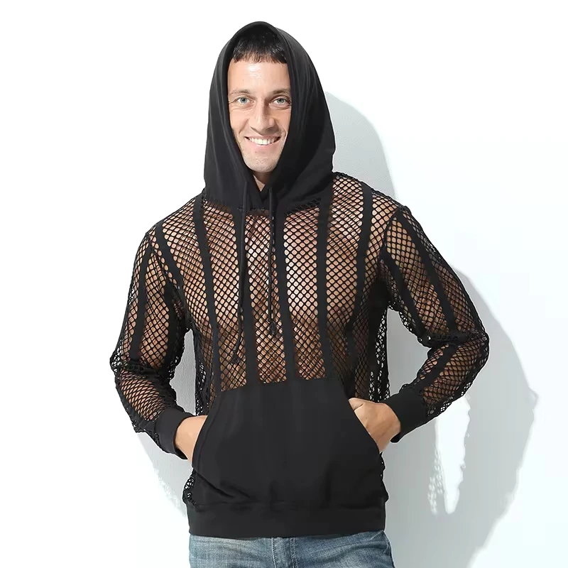 Mesh Loose Mens Sweatshirt Youth Fashion Sexy Solid Color Casual Long Sleeve Sports Breathable Hooded Top