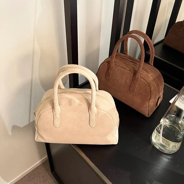Bolso de Hombro Tipo Tote, Bolso de Mano de Cuero Genuino de Ante, Asa Larga, Color Café Gris, Moda de Invierno para Mujer 2026