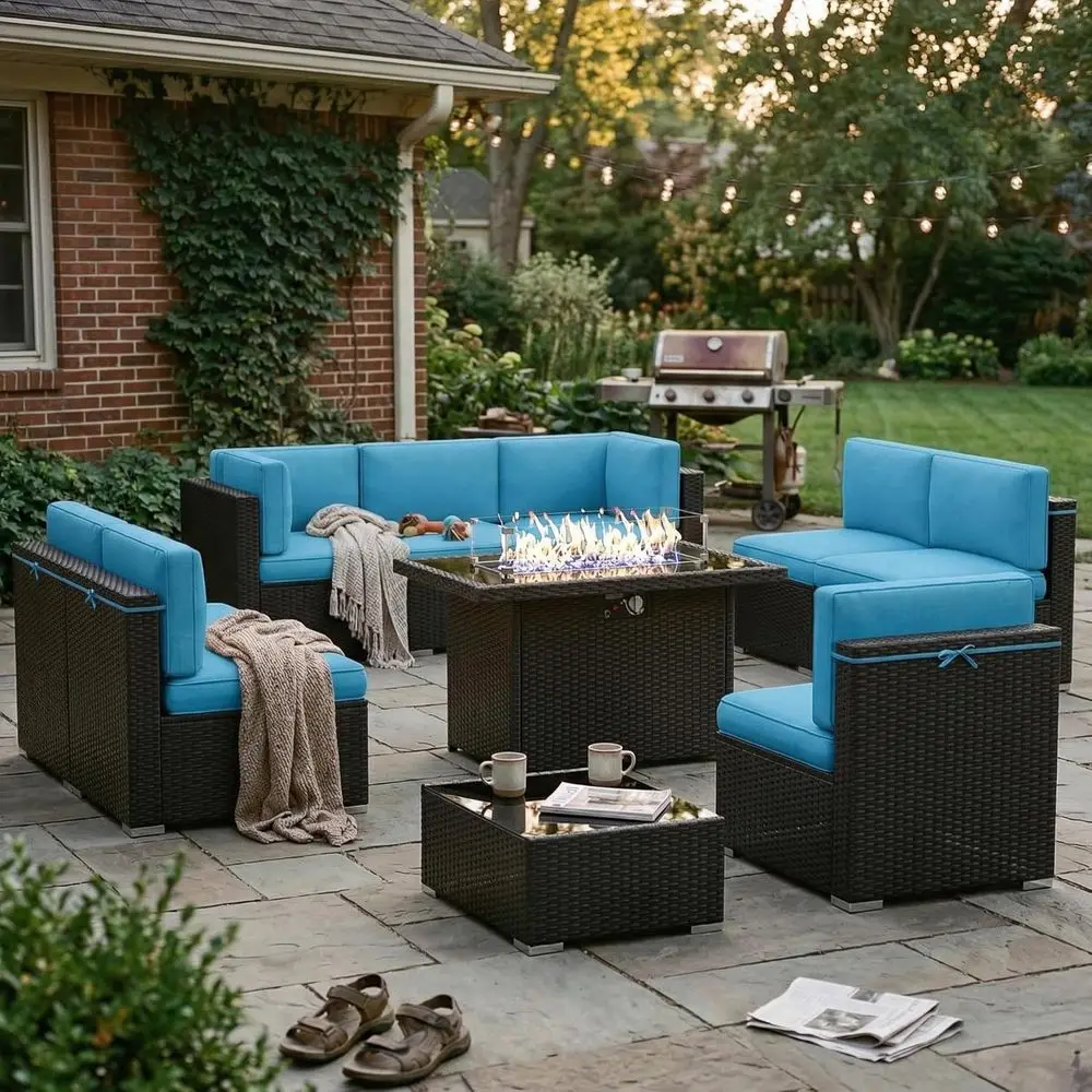

10-Piece Outdoor Patio Furniture Set with 44 Gas Fire Pit and Wicker Sofa Sectional with Coffee Table