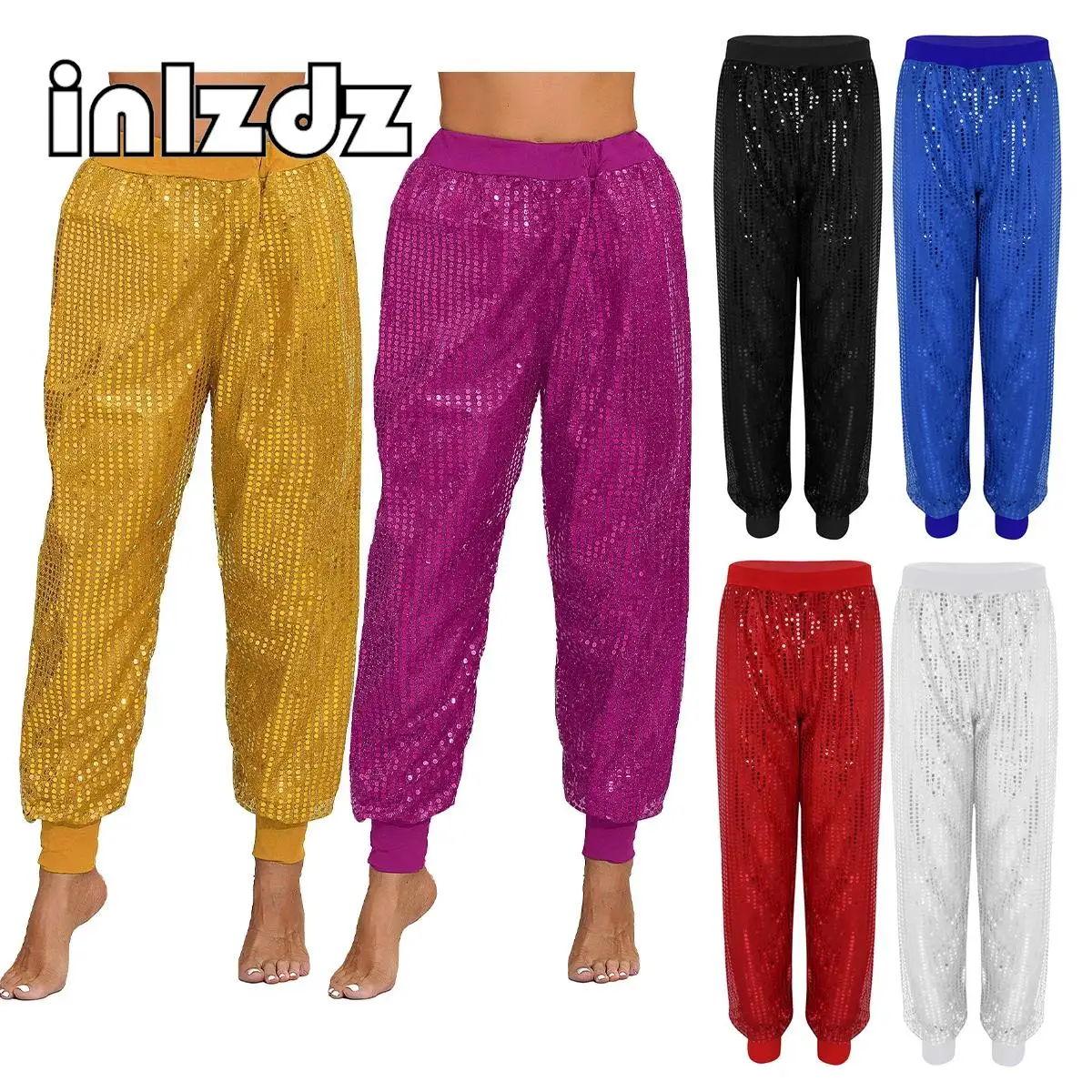 

Womens Hip Hop Jazz Street Dance Pants Shiny Metallic Elastic Trousers Party Performance Costume Loose Harem Pants Dancewear