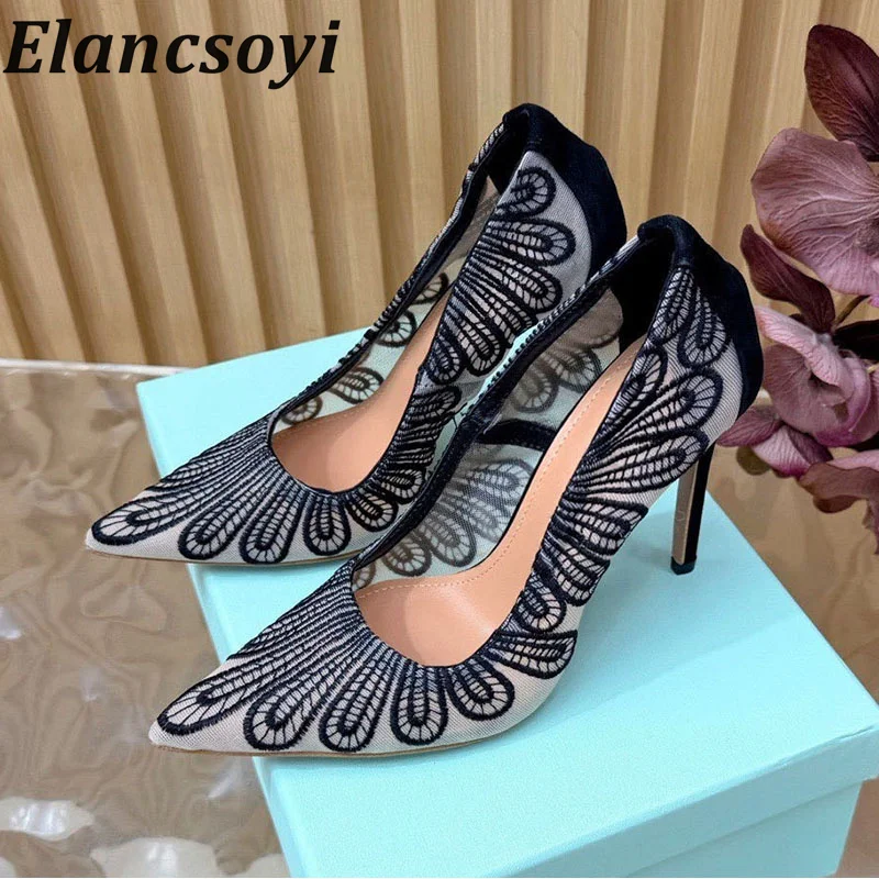 Summer new 2026 women's shallow embroidery design high heels mixed color pointed fashion versatile slim and sexy high heels