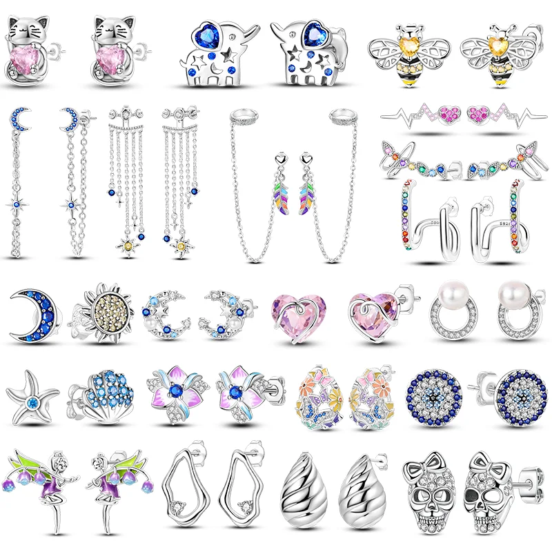 

925 Silver Earrings Sparking Stars Moon Bee Cat Elephant Stud Earring For Women Girls Anniversary Wedding Jewelry Gifts