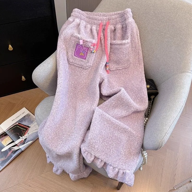 優しい秋と冬のフロッキー加工レディース伸縮性ハイウエストポケット付きおしゃれカジュアル暖かいパンツ