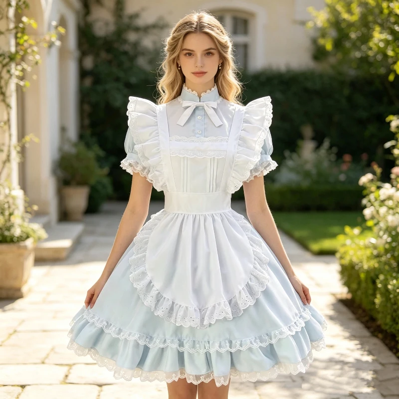 Light Blue Sweet Lolita Outfit Women Lace Ruffle Apron Pink Dress Anime Princess Cosplay Costume Masquerade Party Uniform S-5XL