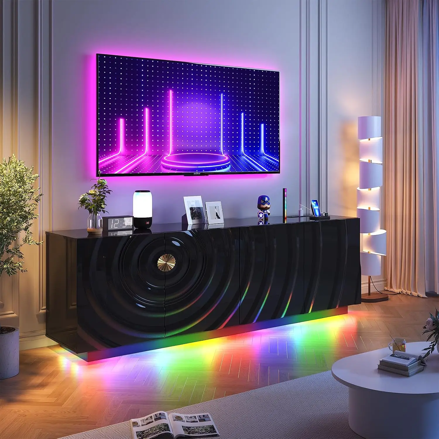 RGB TV Stand with Motion Sensor & Charging Station, Media Console for 75 inch TV, Living Room & Game Room, Black, Customized