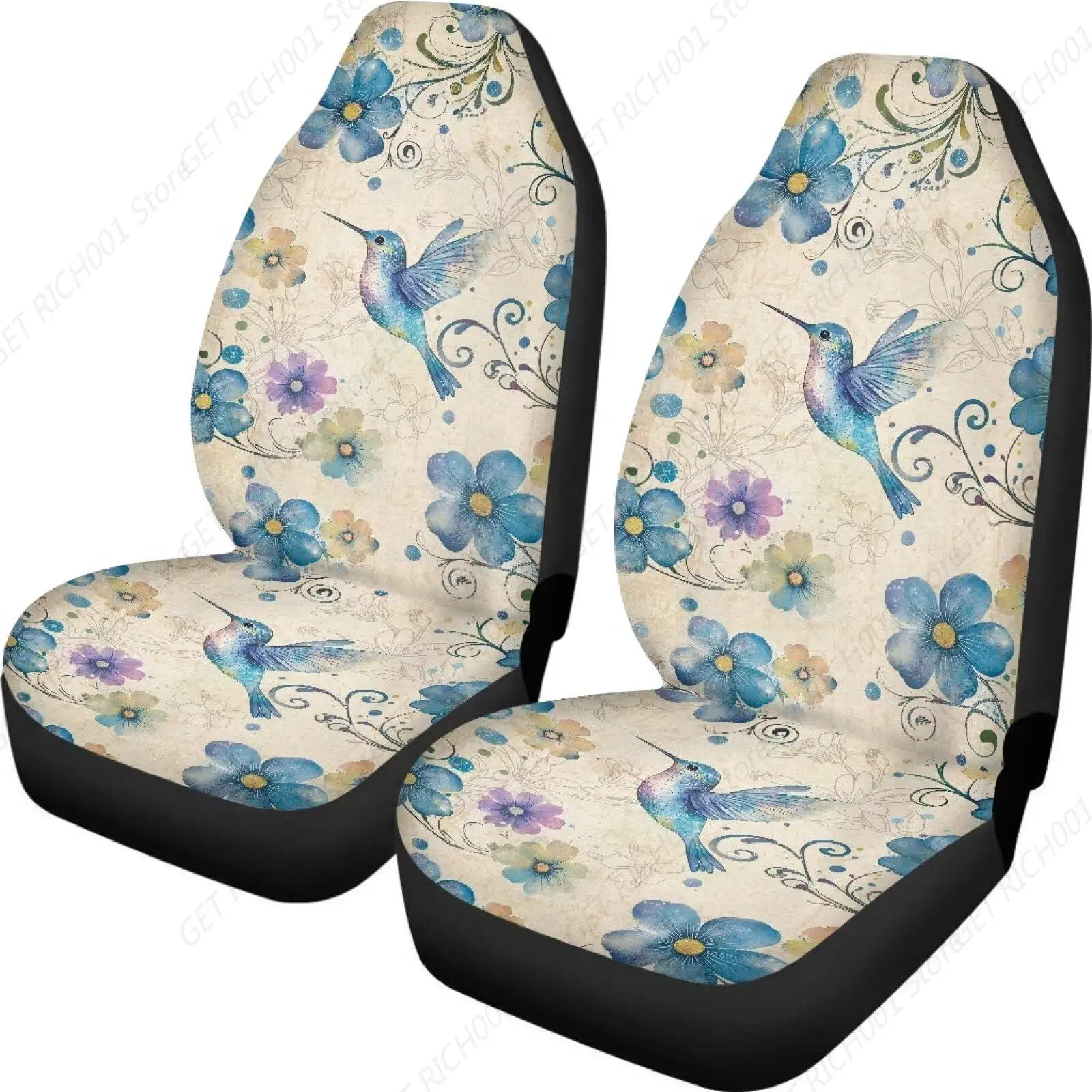 Hummingbird Blue Floral Print Car Seat Covers Front Set 2 Pieces Seat Cover, Universal Fit Car Seat Cover Automotive Seat Covers