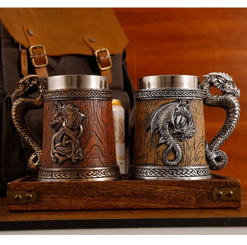 600ml Mug Pterosaur 3D Dragon Cup Stainless Steel Resin Large Capacity Bar Beer Wine Coffee Milk Drinkware Retro Wooden Barrel