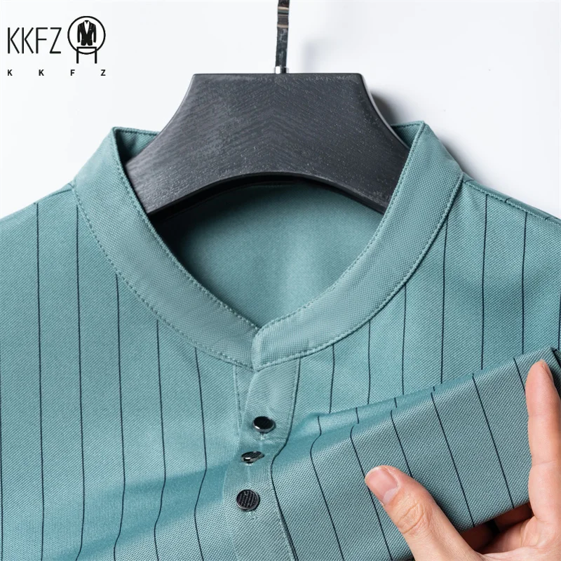 Premium soft knit henley tee men split mandarin three button collar full vertical stripe elastic anti wrinkle walking top