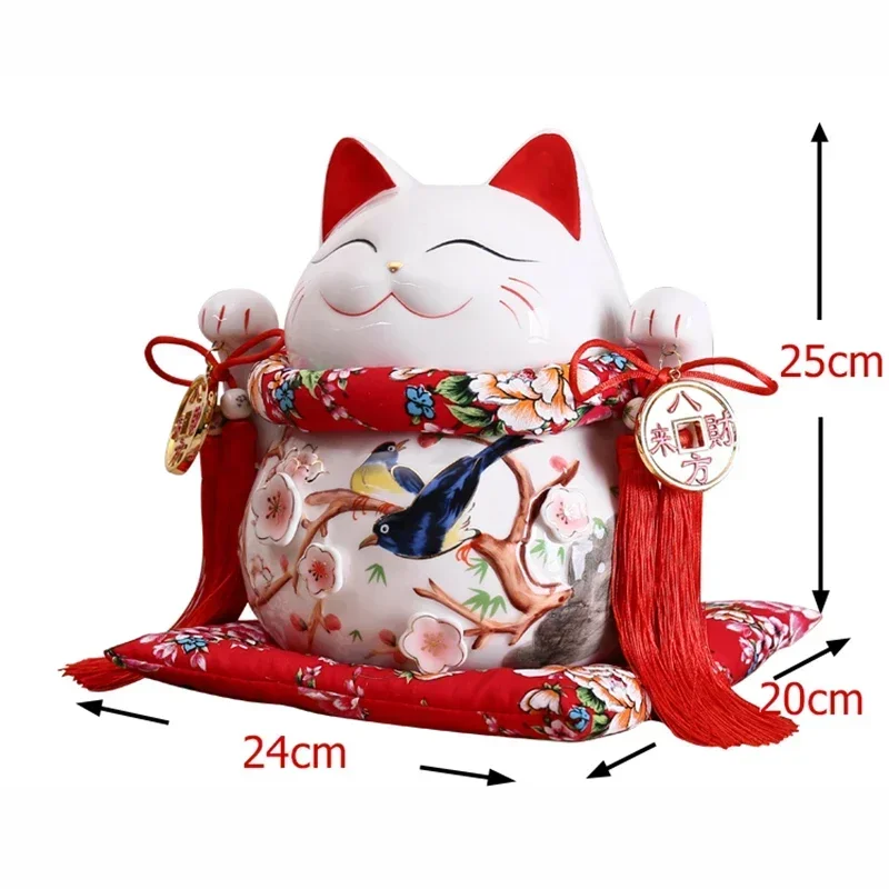 10 Inch Red Ceramic Manaki Neko Feng Shui Decor Lucky Cat Beckoning Piggy Cat Bank Business Gift Home Decoration Money Box