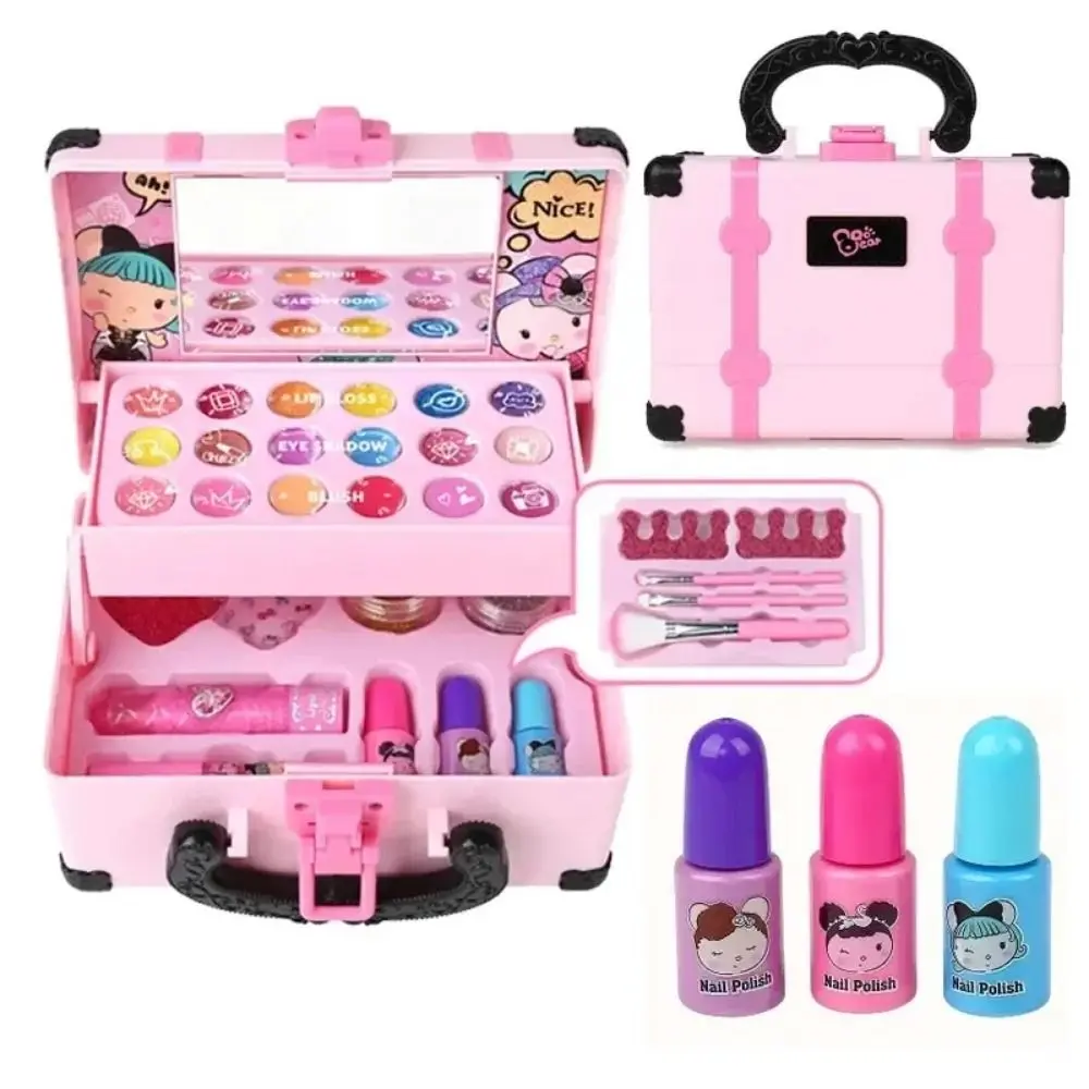 Lápiz labial, juguetes de maquillaje para niños, caja de maquillaje portátil, juego de belleza cosmética para niños, regalo de cumpleaños de seguridad, Kit de maquillaje para niños