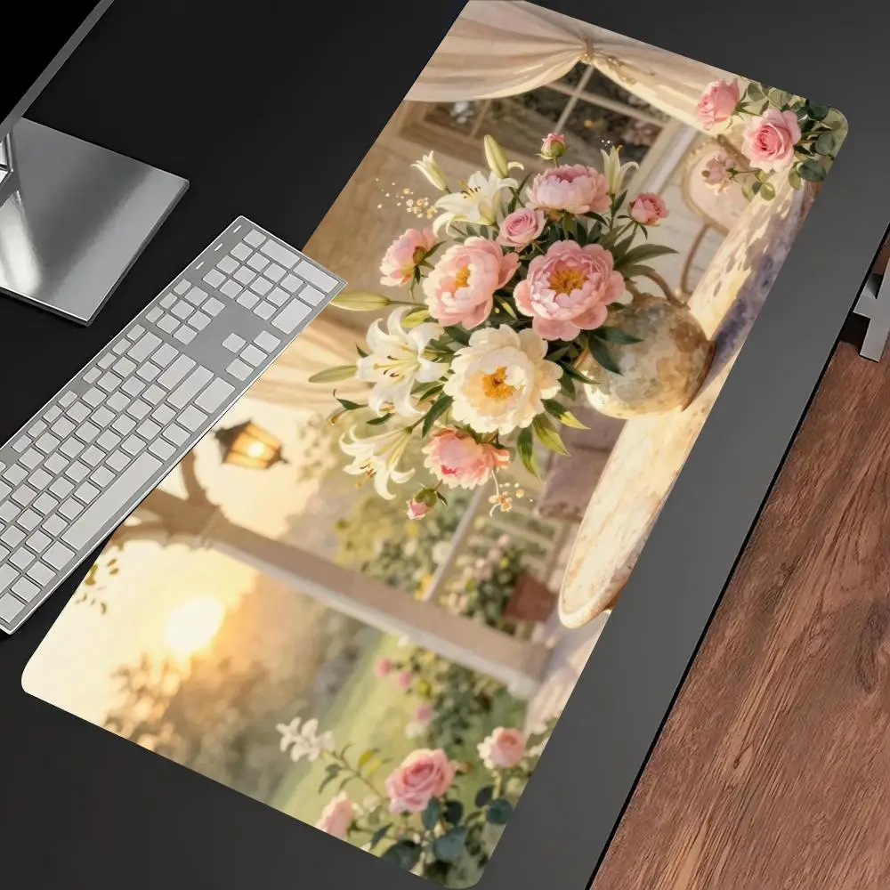Light Pink Rose Floral Extended Gaming Mouse Pad Anti-slip Desk Mat Stitched Edge Aesthetic Decor for PC Gamer Office Corner