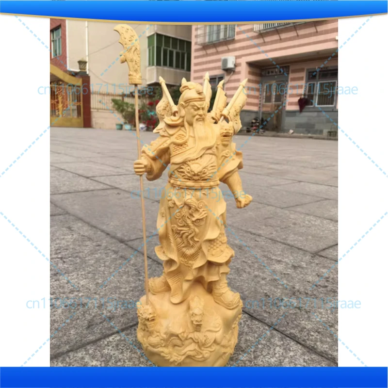Hand Carved Wooden Guan Gong Statue Figurine w/ Five Flags - God of War Wealth Protector Ornament Home Office Shop Decor Gift