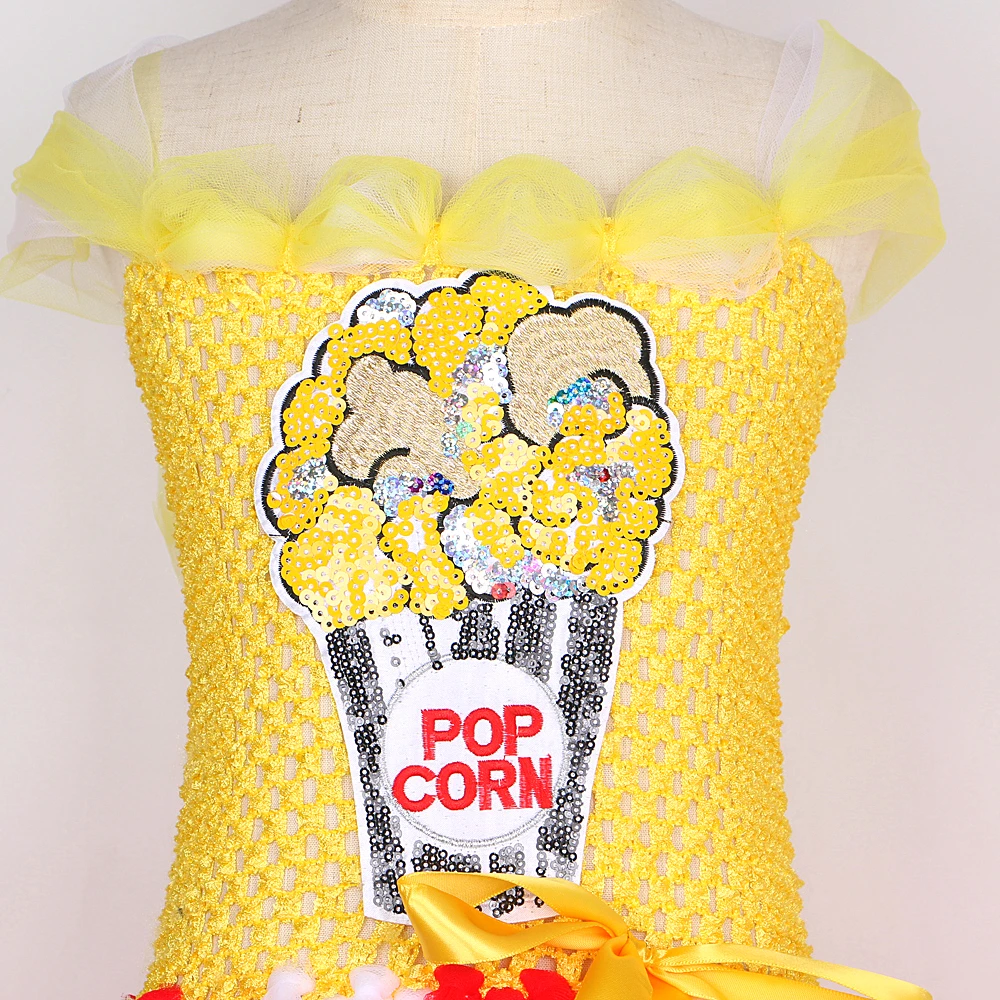 Red Yellow Popcorn Long Dresses for Girls Birthday Party Halloween Costumes Kids Christmas Tutus Performance Outfit with Big Bow