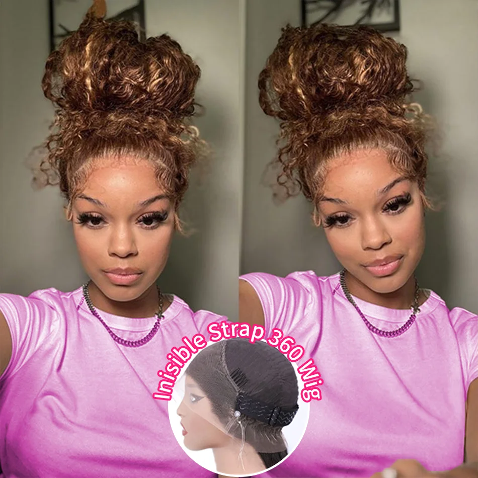 Parrucca frontale in pizzo 360 con coulisse invisibile capelli umani ricci evidenziati P4 / 27 colori parrucche anteriori in pizzo brasiliano per capelli umani per le donne