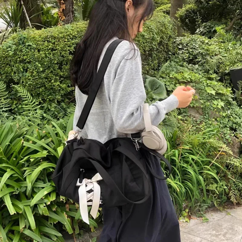 Y2K Korean Bow Tote Bag Oi Nylon Thick Waterproof Tie Strap Single Shoulder Crossbody Tote Fitness High-capacity Bag Girl New