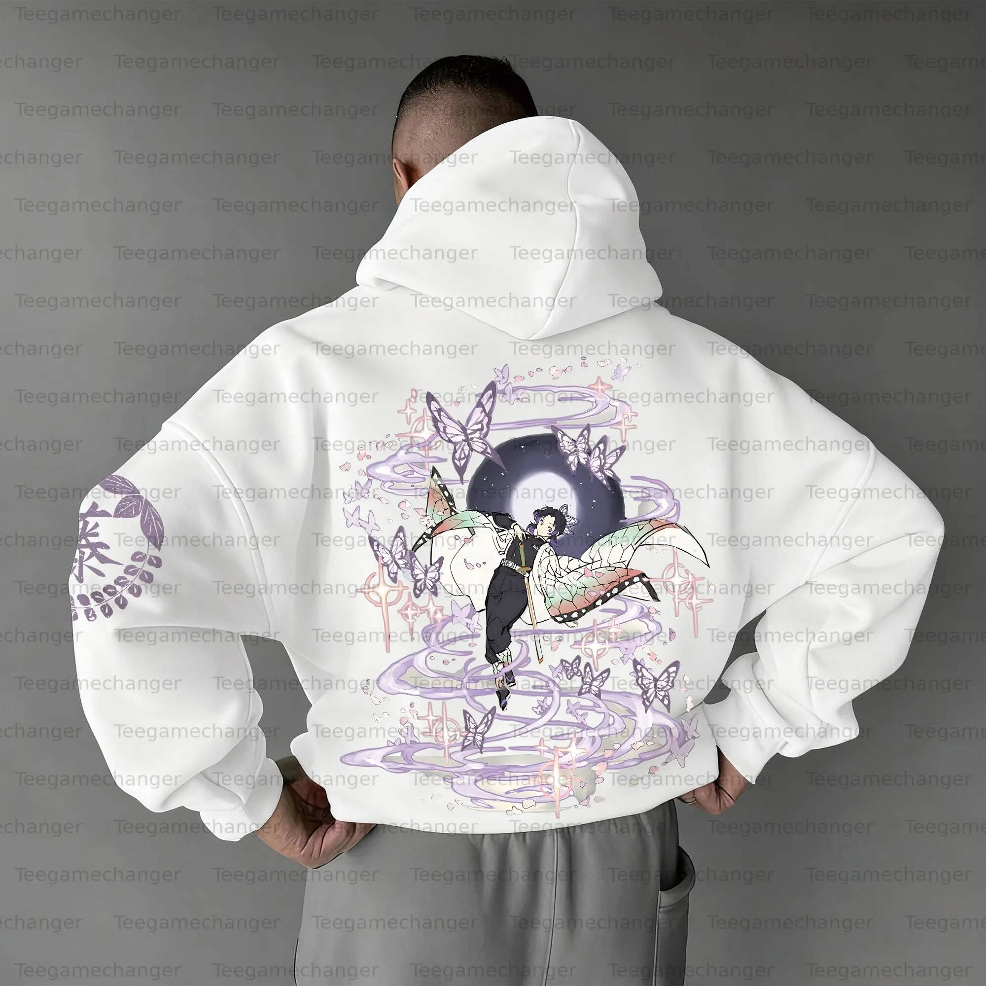 

Demon Slayer White Hoodie Men Women 2025 Spring Cotton Sweatshirt Butterfly Pattern Purple Pink Design Shinobu Kocho Character