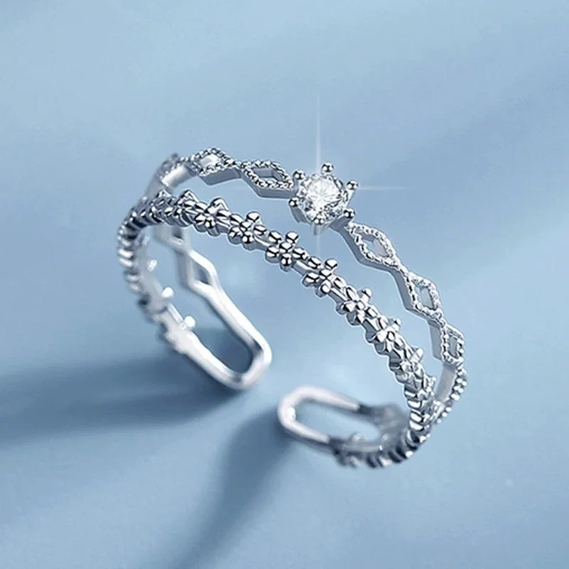 Hot selling new 925 sterling silver fashionable and exquisite double-layer zircon personalized flower opening ring for women