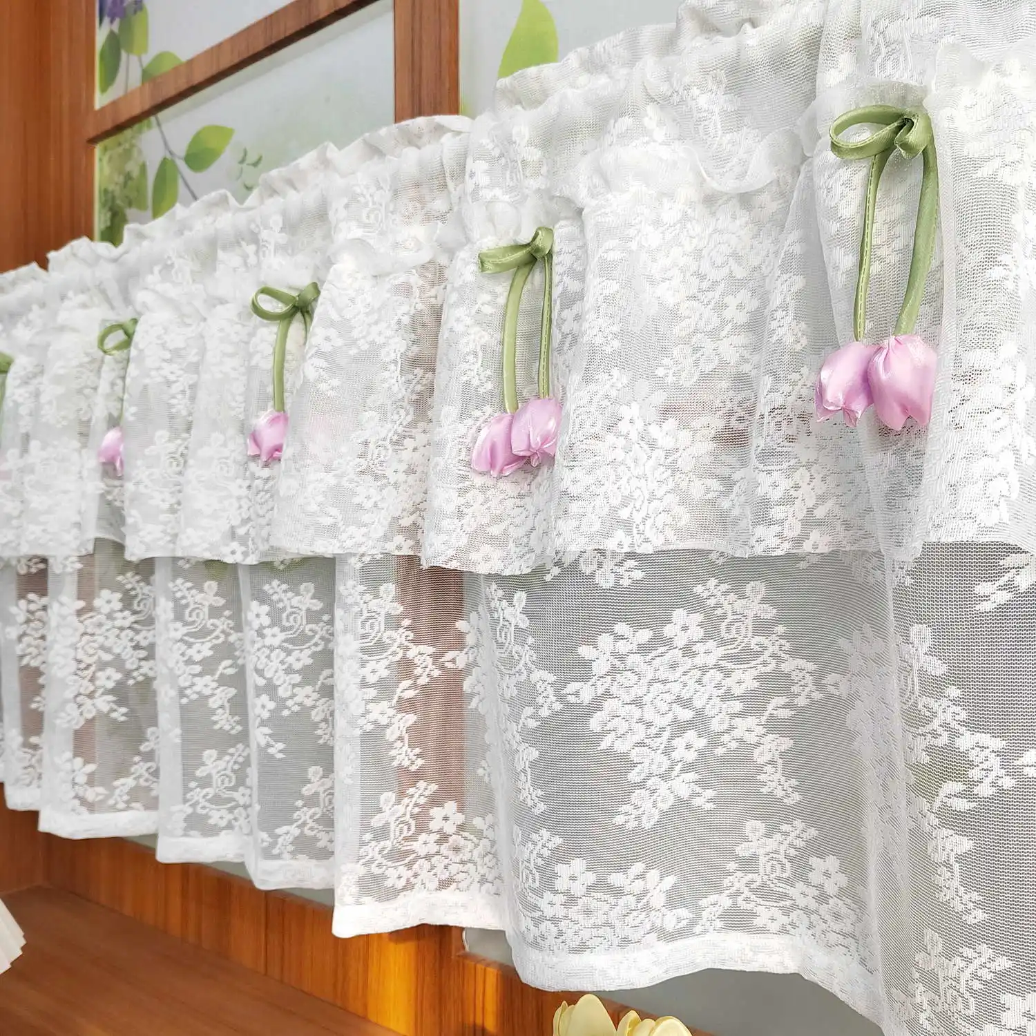

Cute Korean-style pink tulip-decorated short curtains for small windows, Apartment Kitchen Drapes, Bedroom Window,Home curtains