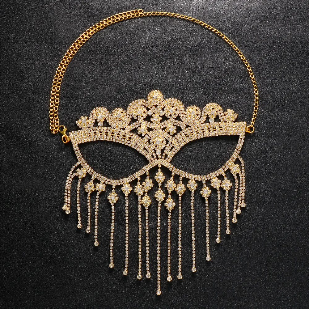 Charms Sexy Rhinestone Tassel Masquerade Face Jewelry For Women Facial Accessories Banquet Party Mask Full Face Chain Decoration