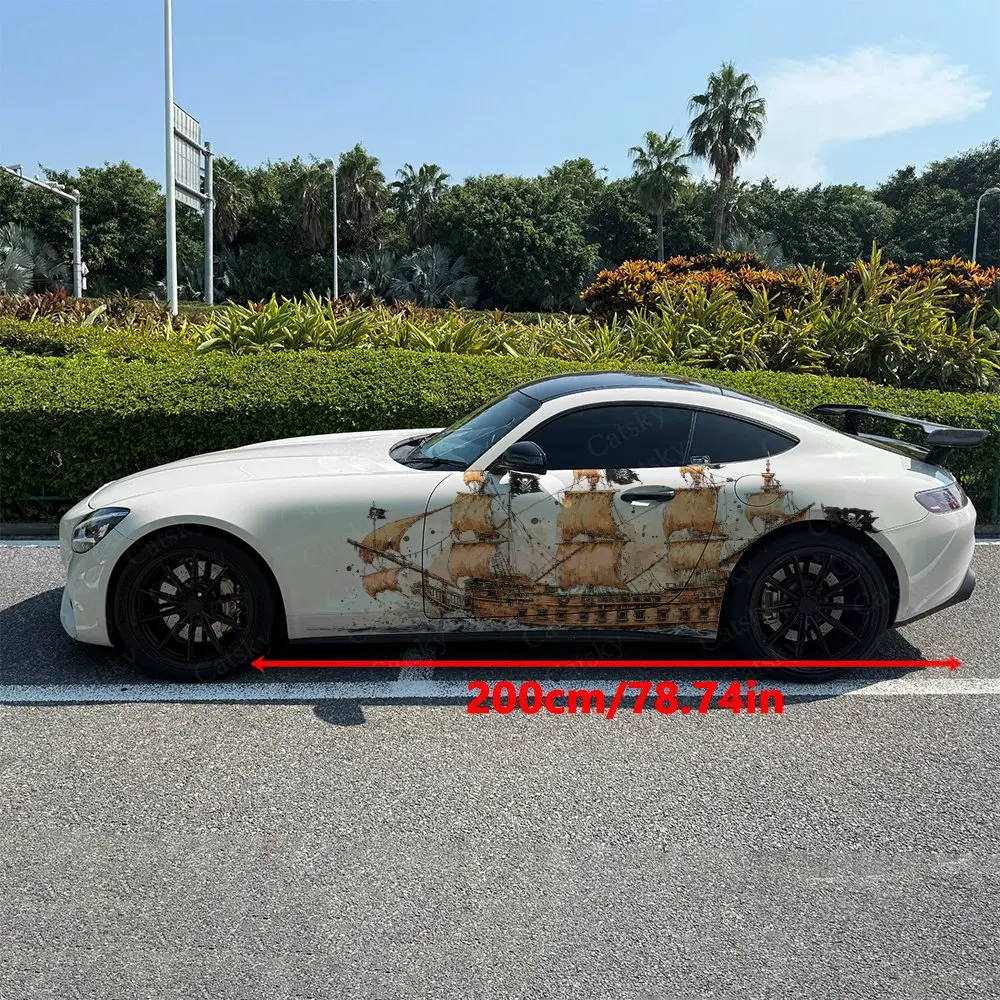 2pcs Pirate Ship Pattern Car Side Wraps, Self-Adhesive PVC Waterproof & Scratch-Resistant Stickers, Car Accessory Gift