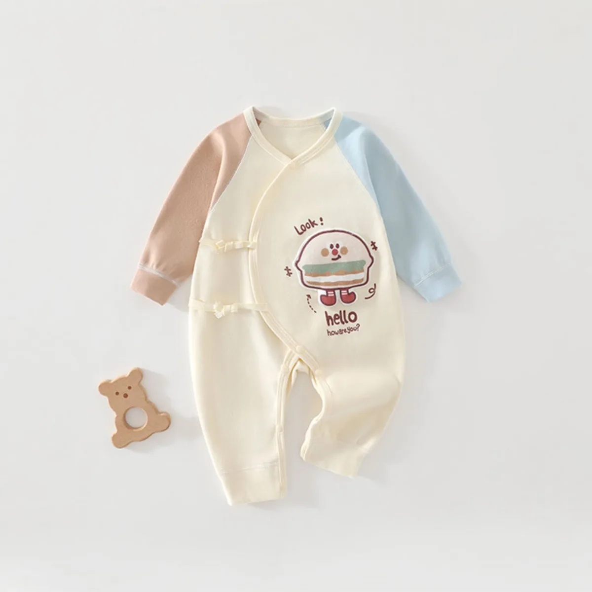 Soft Cotton Newborn Baby Romper Tie-side Long Sleeve Onesie with Snaps Breathable Infant Clothes Unisex 0-3M Spring Autumn