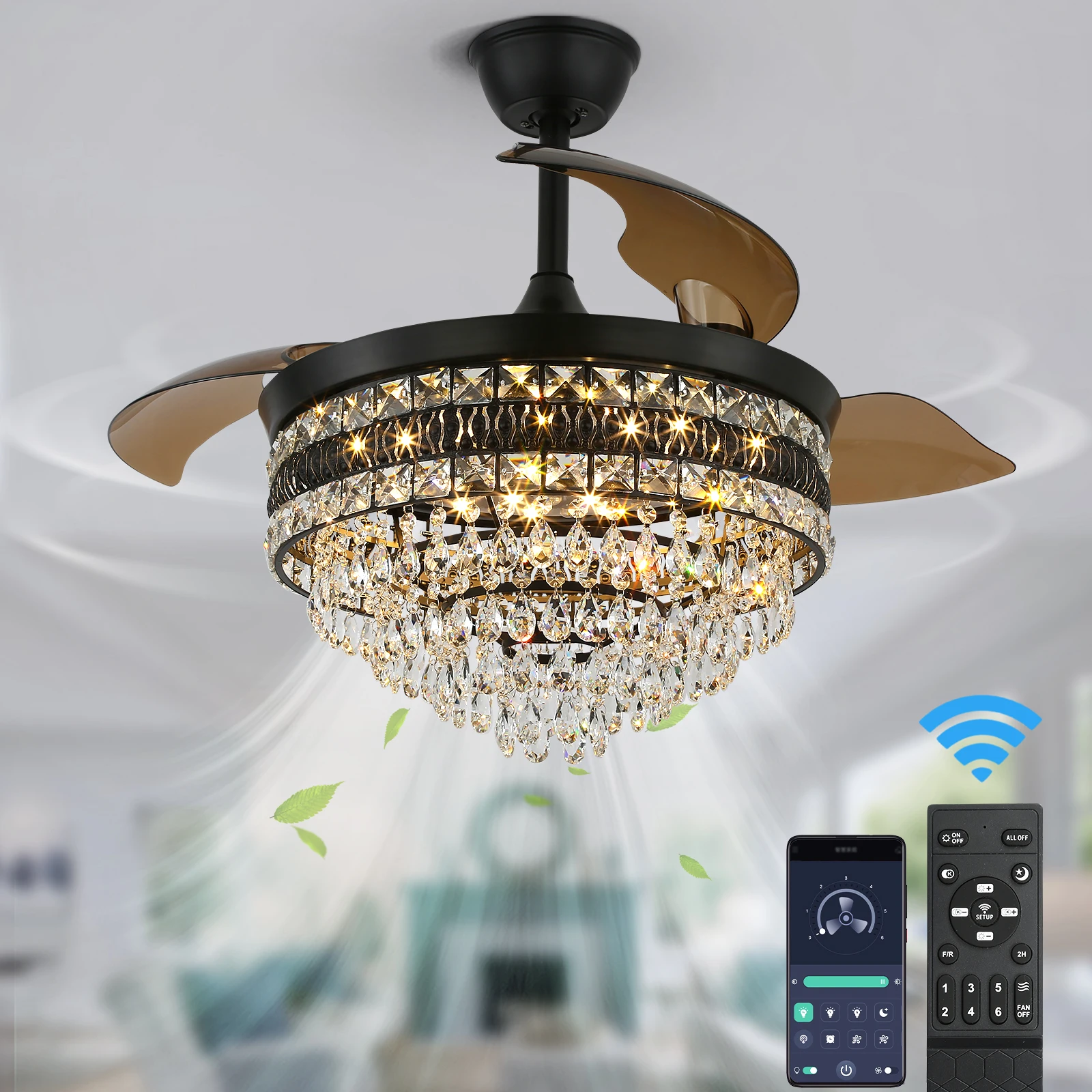 GreeLustr Modern Smart Ceiling Fan Chandelier Gold RC Adjustable 6 Speed Pendant Light Luminaire Bedroom 3 Heads Led Fandelier