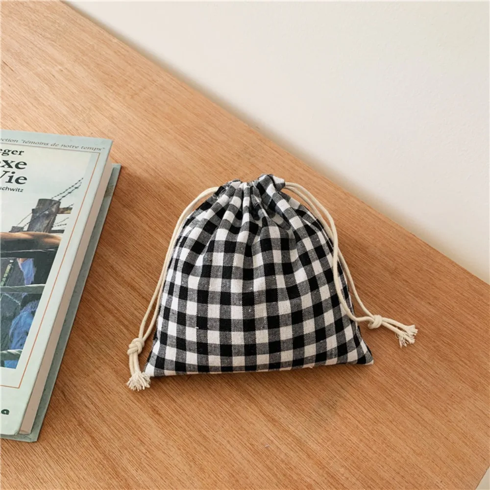 Linen Grids Drawstring Bag Storage Bag Pastoral Literary Style Makeup Bag Coin Purse Cosmetic Bag Jewelry Storage Bag daily