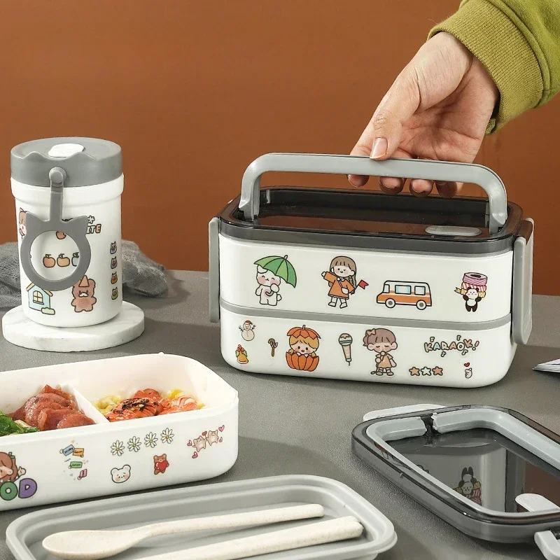 Portable Compartment Fruit Food Box Microwave Lunch Box with Fork and Spoon Picnic Fresh Children Double-layer Lunch Bento Box