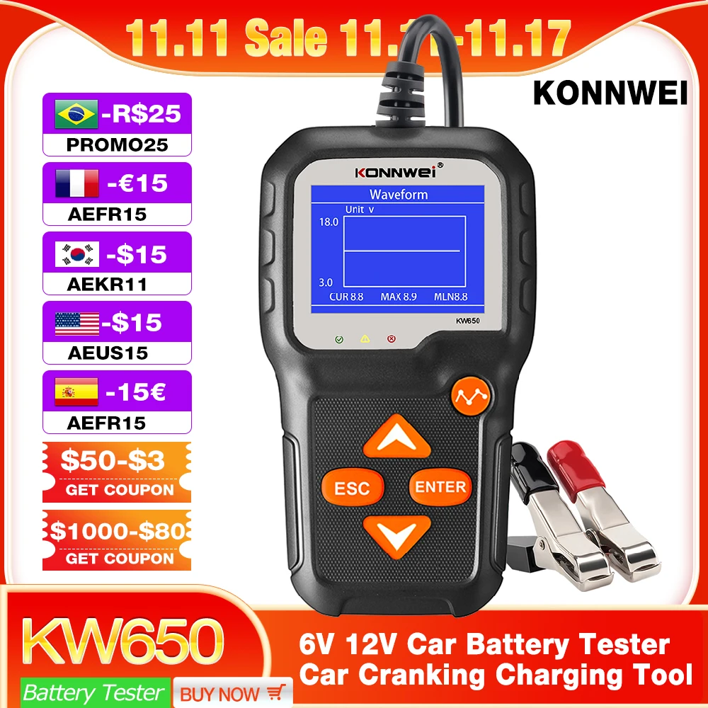 KONNWEI KW650 Car Battery Tester Analyzer 6V 12V Automotive 100 to 2000 CCA Battery System Car Quick Cranking Charging Tool