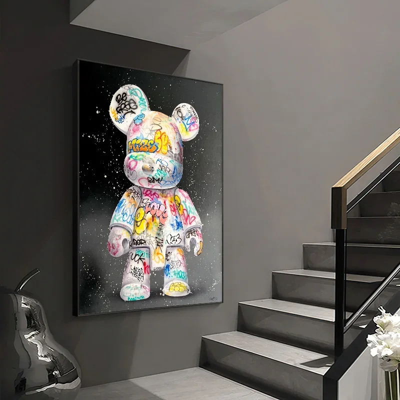 1pc Frameless Canvas Painting Cartoon Cute Bear Graffiti Canvas Painting Cartoon Character Pop Art Poster Street Wall Art Pictur