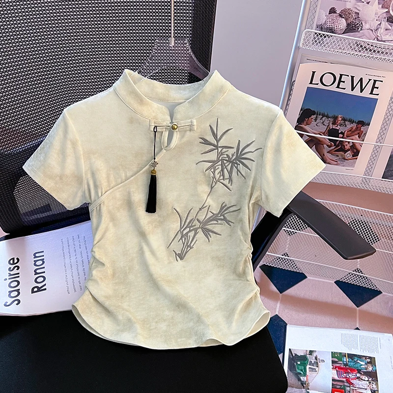 New 2024 Summer slim Tshirt Women Short Sleeve Tie-dyed Black Color Cotton Embroidery T-shirt Women Casual T Shirt Hot Sale chic