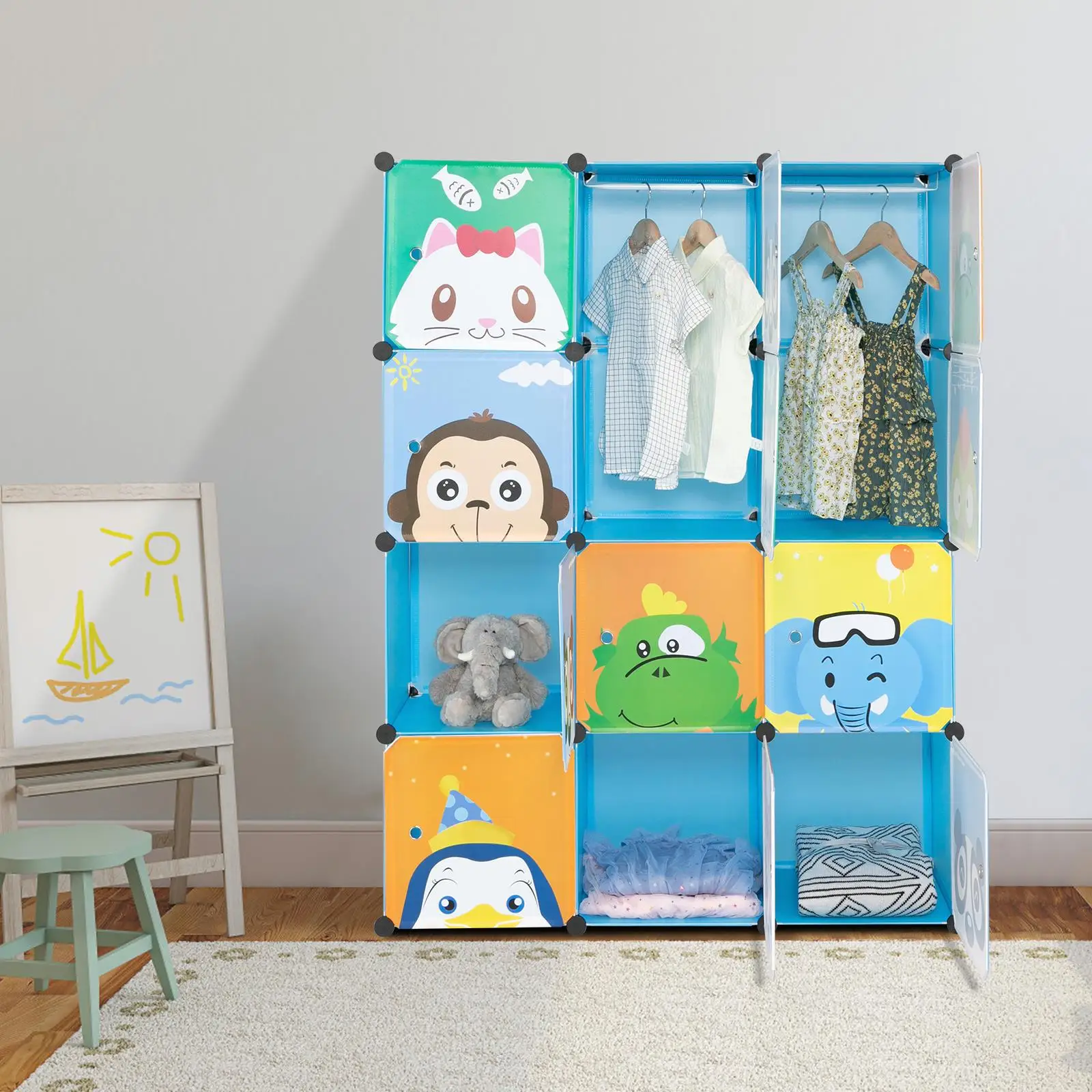 12-Grid 4-Layer Magic Cube Wardrobe with 2 Hanging Rods, Durable Plastic & Steel Wire, Animal Print Blue Cabinet